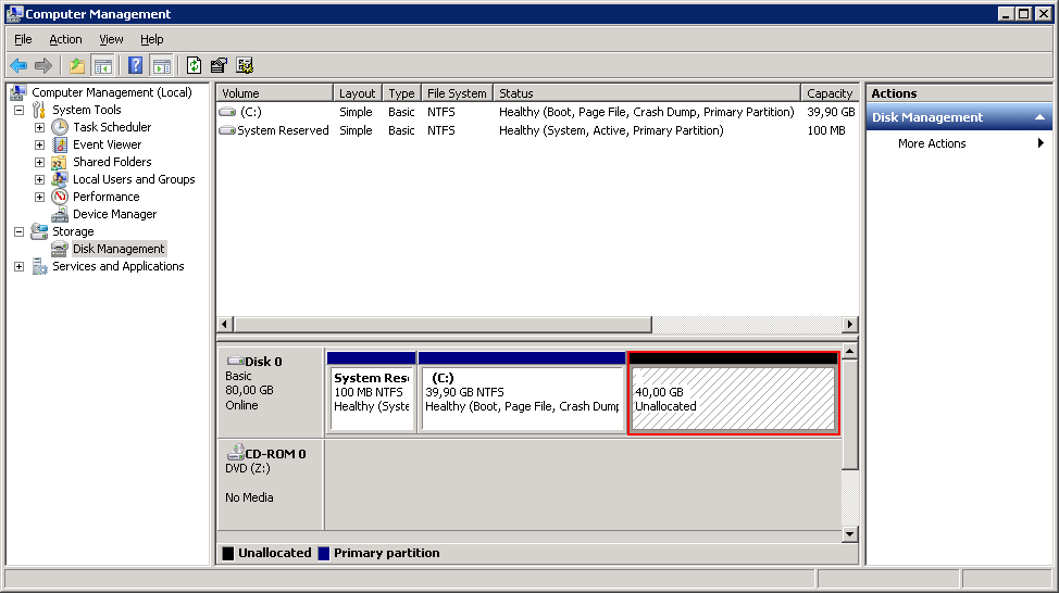 Captura de tela 2: adicionando espaço em disco WS 2008 - área não alocada