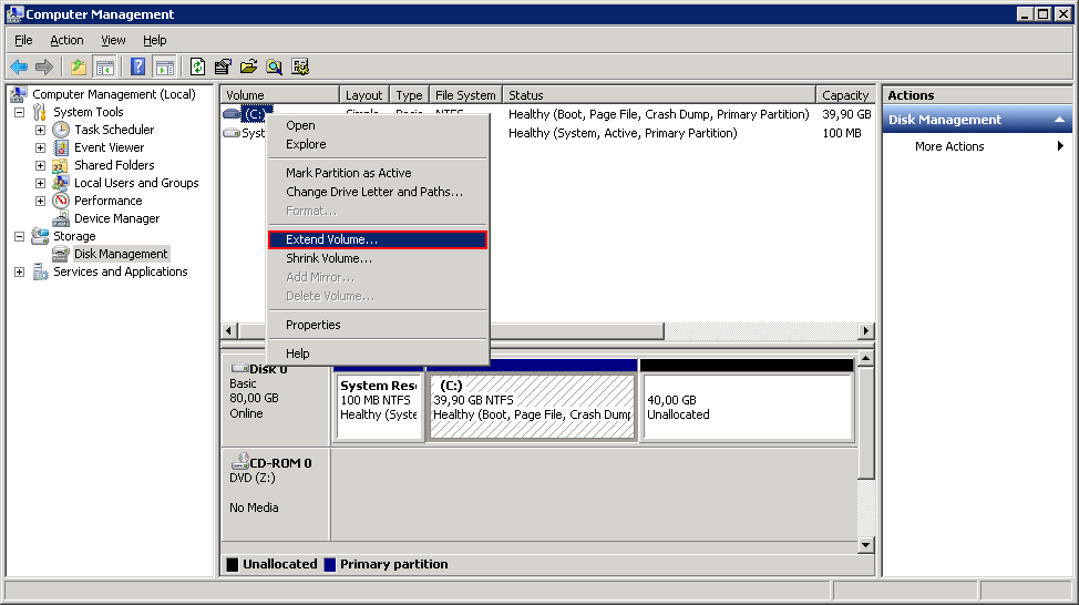 Captura de tela 2: adicionando espaço em disco WS 2008 - estender volume