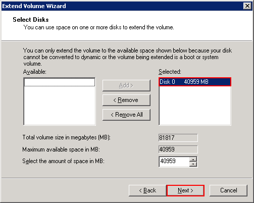 Screenshot 4: adding disk space WS 2008 - disk selection