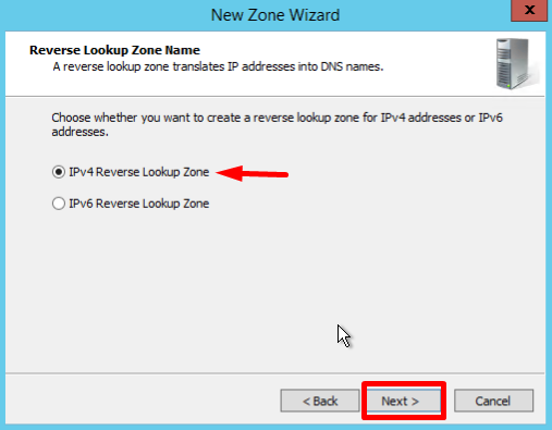 Screenshot 22: In the first Reverse Lookup Zone Name page, select IPv4