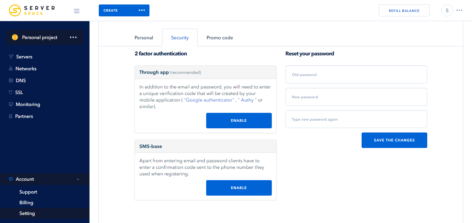 Screenshot 1: 2 factor authentication - ServerSpace