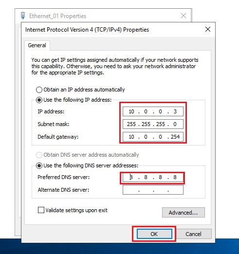 In the Properties window of the network adapter