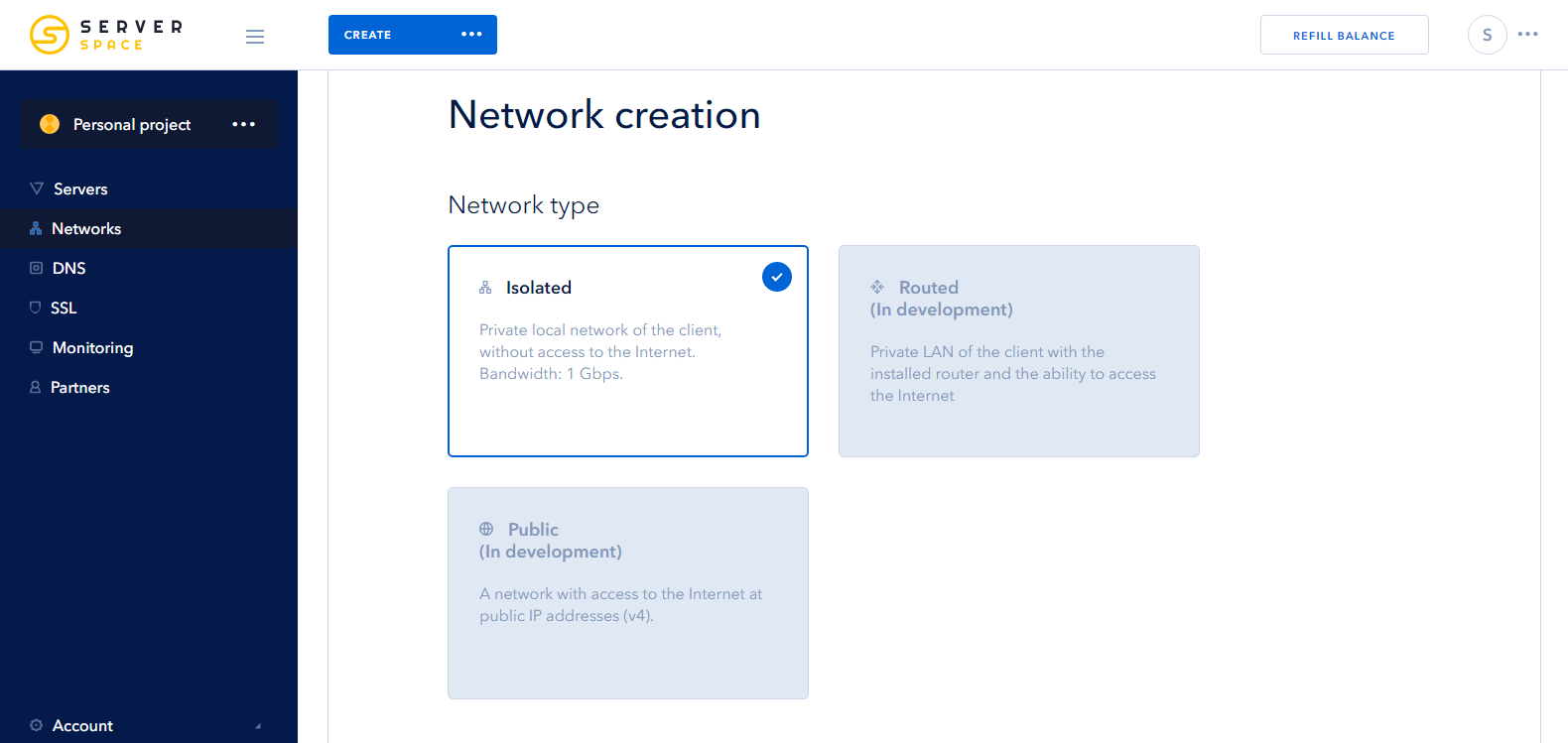 Screenshot 1: creating isolated network - select a type