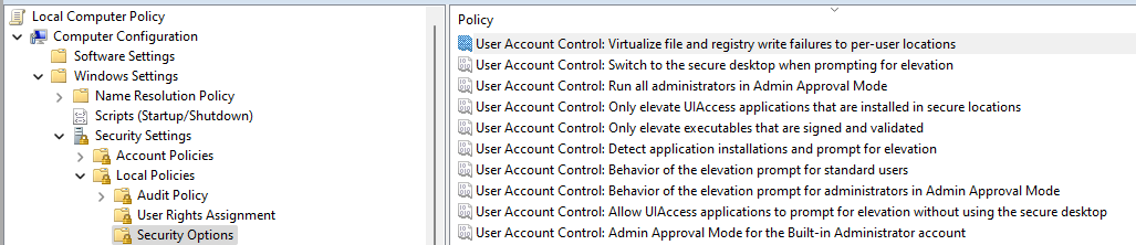 GPO with security options of UAC