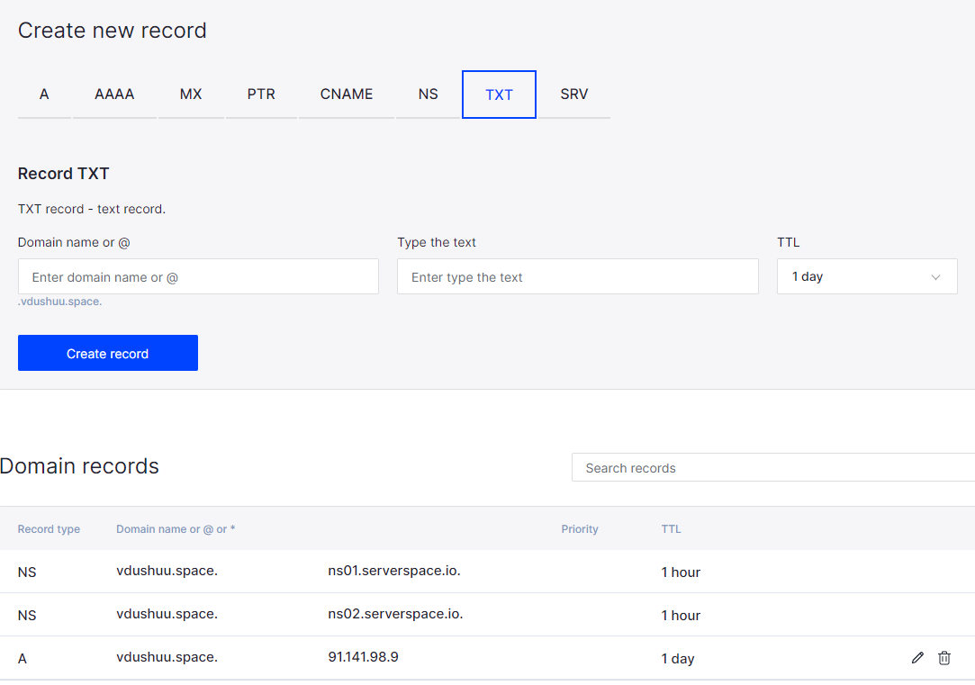 Panel of domain records